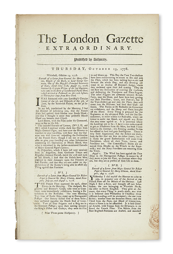 (AMERICAN REVOLUTION--1778.) London Gazette Extraordinary on the Rhode Island campaign.
